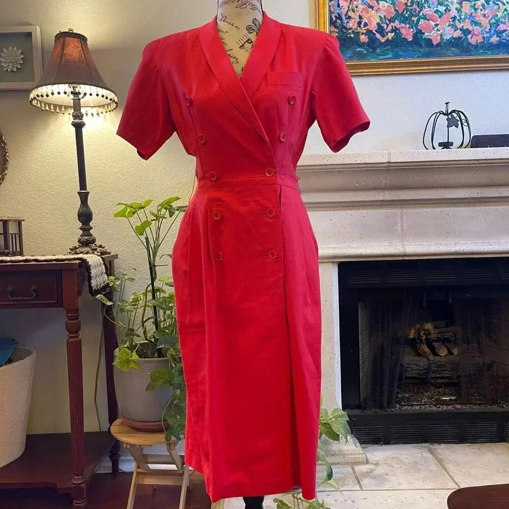 Vtg Ann Tijan Kenar Women’s Midi Dress 4 Red Linen Blend Padded Double Breasted